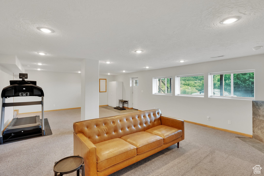 Living area featuring carpet floors, a textured ceiling, and recessed lighting