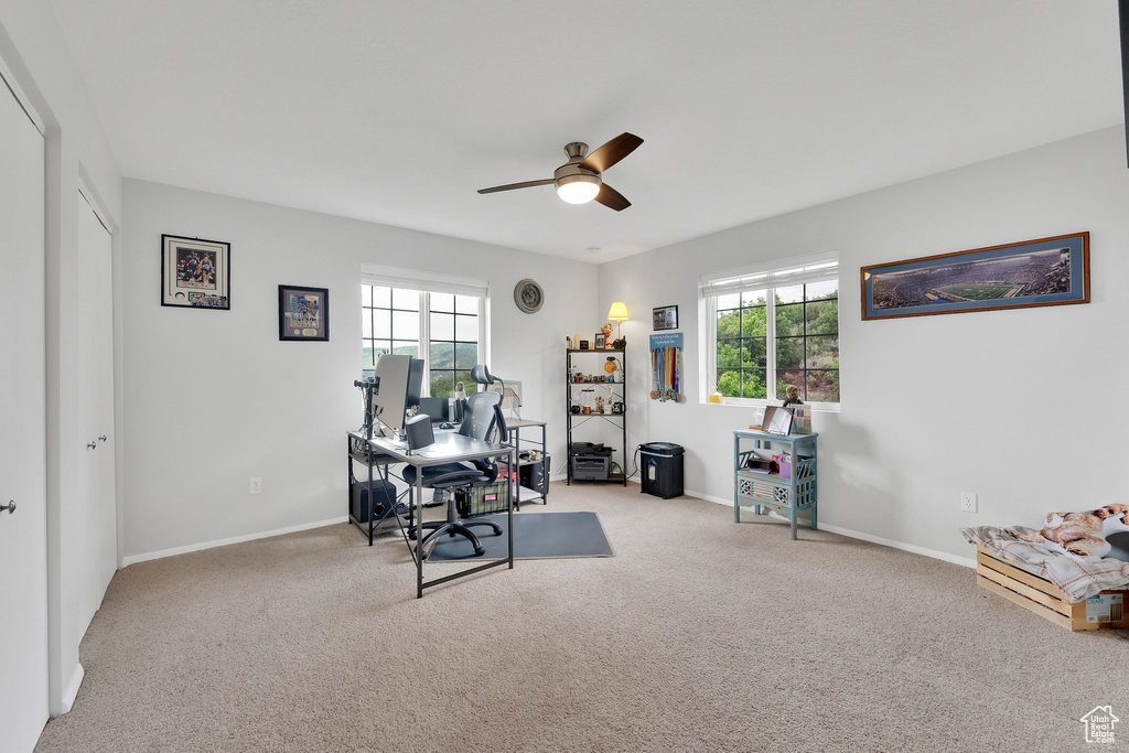 Home office with a ceiling fan, healthy amount of natural light, and carpet