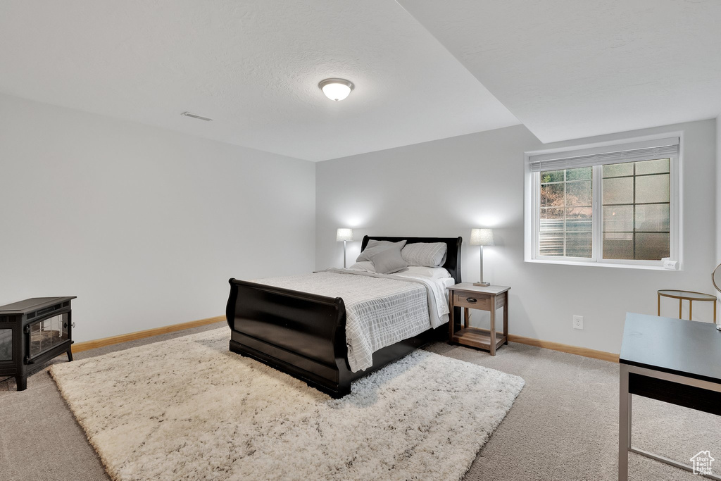 Bedroom featuring carpet and a wood stove