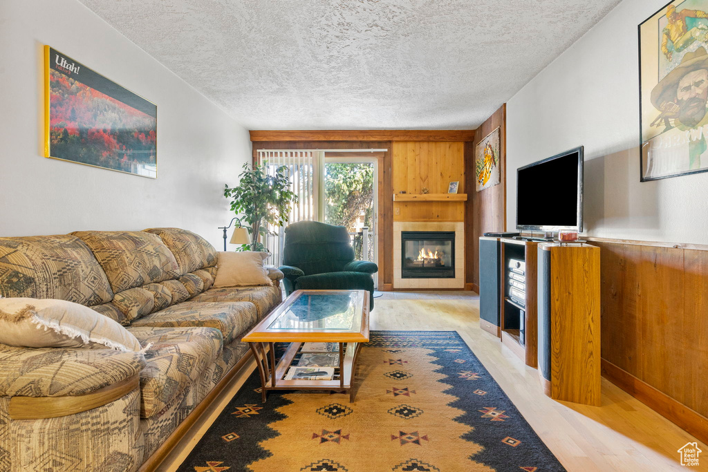 Living area featuring a glass covered fireplace, a textured ceiling, and wooden walls
