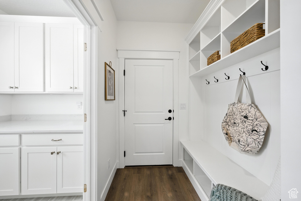 Mudroom with dark wood finished floors