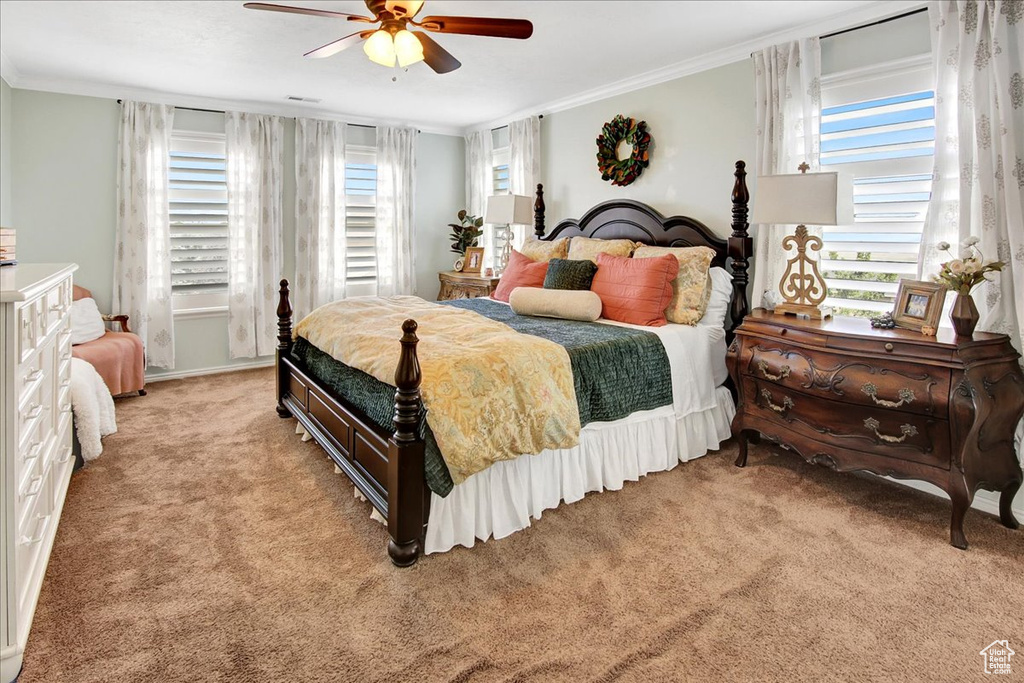 Bedroom with light colored carpet, multiple windows, crown molding, and ceiling fan