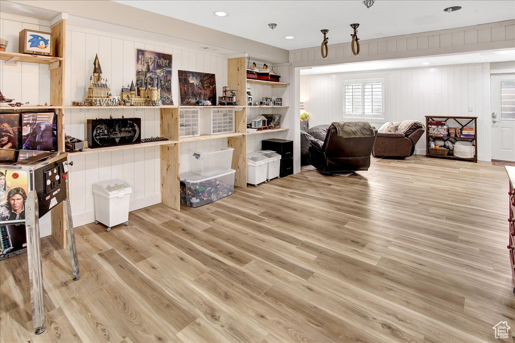 Living area with wood finished floors