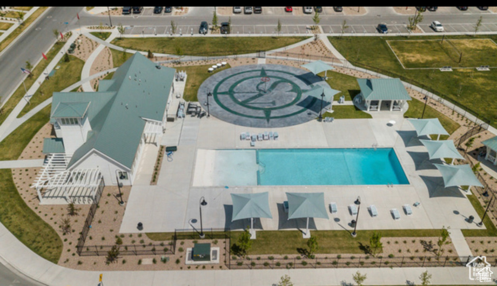 Drone / aerial view of a pool