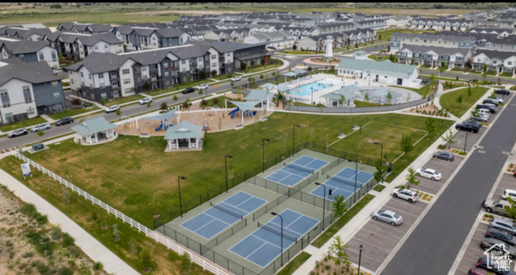 Aerial view of residential area with a pool