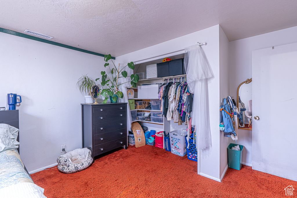 Carpeted bedroom featuring a closet and a textured ceiling