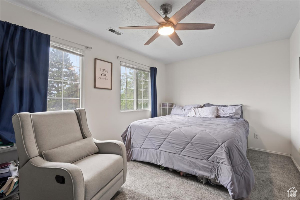 Bedroom with multiple windows, carpet flooring, a ceiling fan, and a textured ceiling