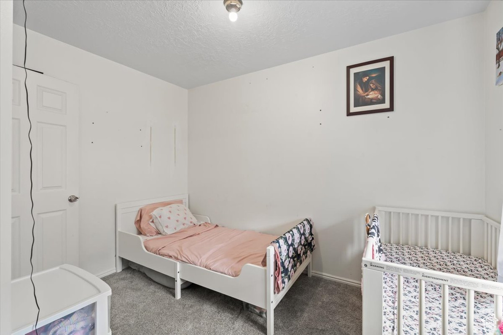 Bedroom with carpet flooring and a textured ceiling