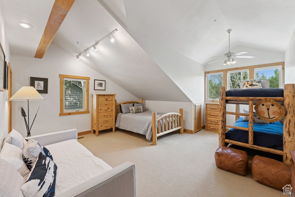 Bedroom with lofted ceiling, track lighting, and carpet