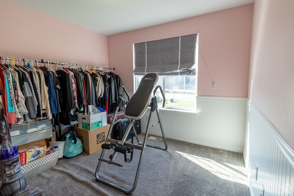 Exercise area featuring wainscoting and carpet floors