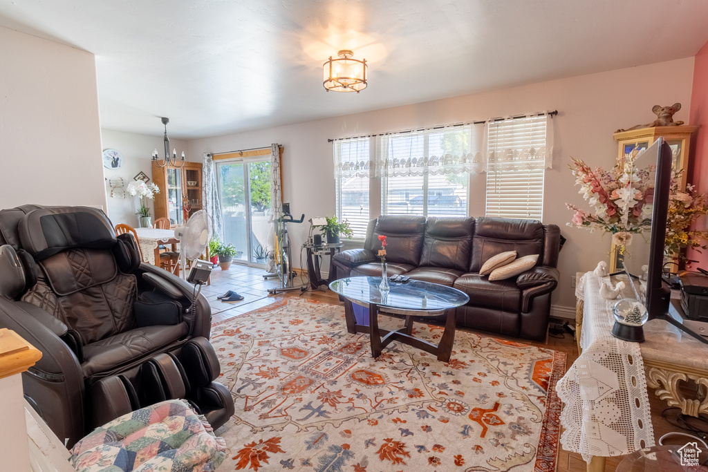 Living area featuring a chandelier