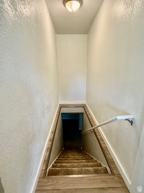 Stairway featuring wood finished floors and a textured wall