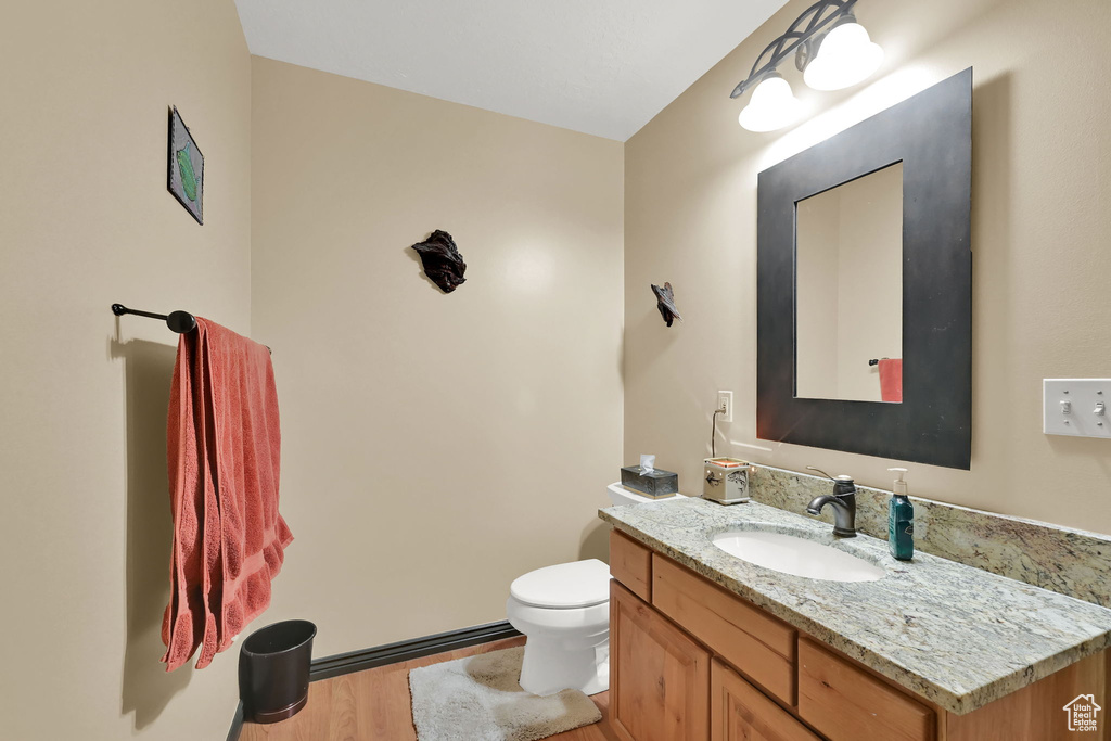 Bathroom featuring wood finished floors and vanity
