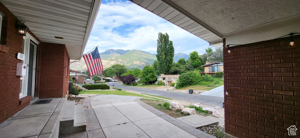 View of patio with a mountain view