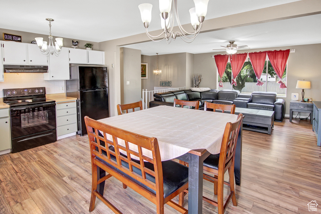 Dining area featuring a chandelier, light wood-style flooring, and ceiling fan