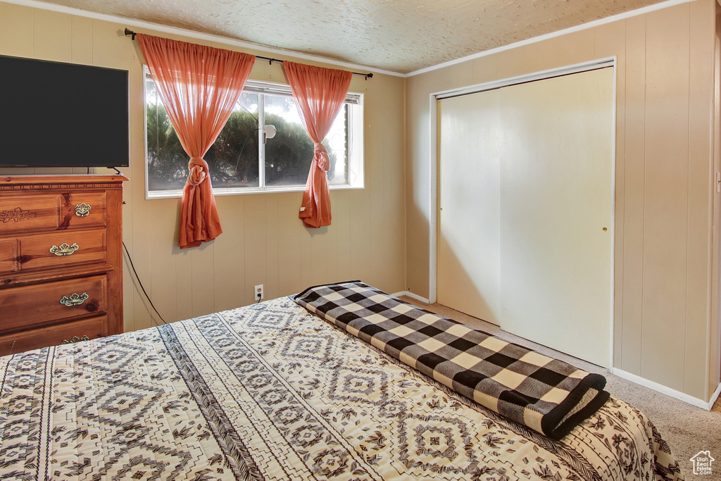 Carpeted bedroom featuring a closet, ornamental molding, a textured ceiling, and wood walls