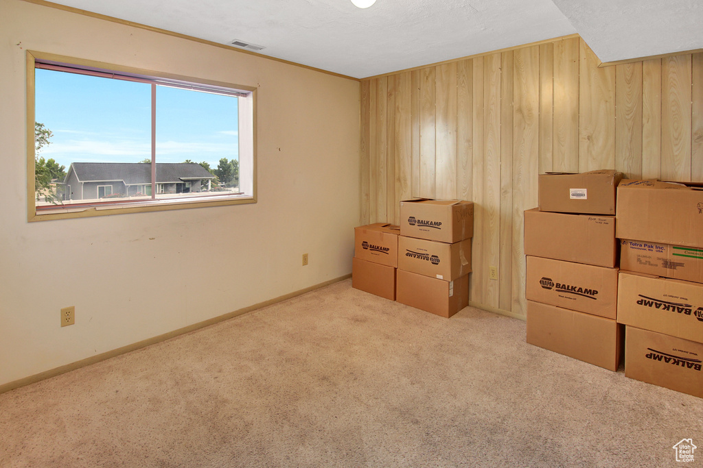 Carpeted bedroom featuring wooden walls and baseboards
