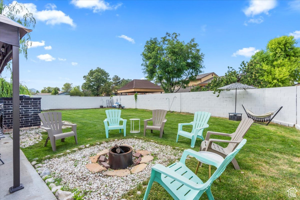 Fenced backyard with an outdoor fire pit