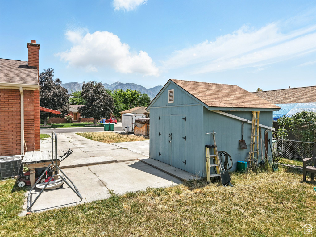 View of shed featuring a mountain view