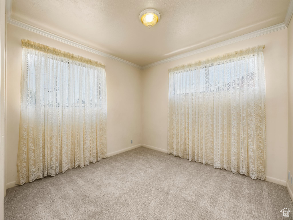 Carpeted empty room with ornamental molding