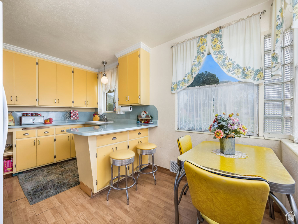 Kitchen featuring a peninsula, light wood-type flooring, and light countertops