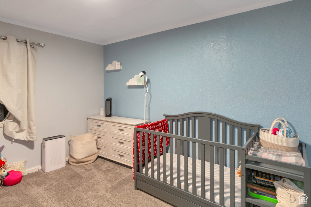 Bedroom featuring carpet floors and a nursery area