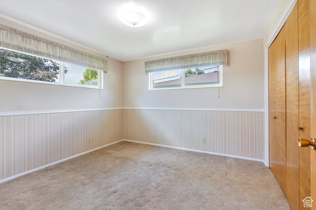 Unfurnished bedroom with a closet, carpet, and a wainscoted wall