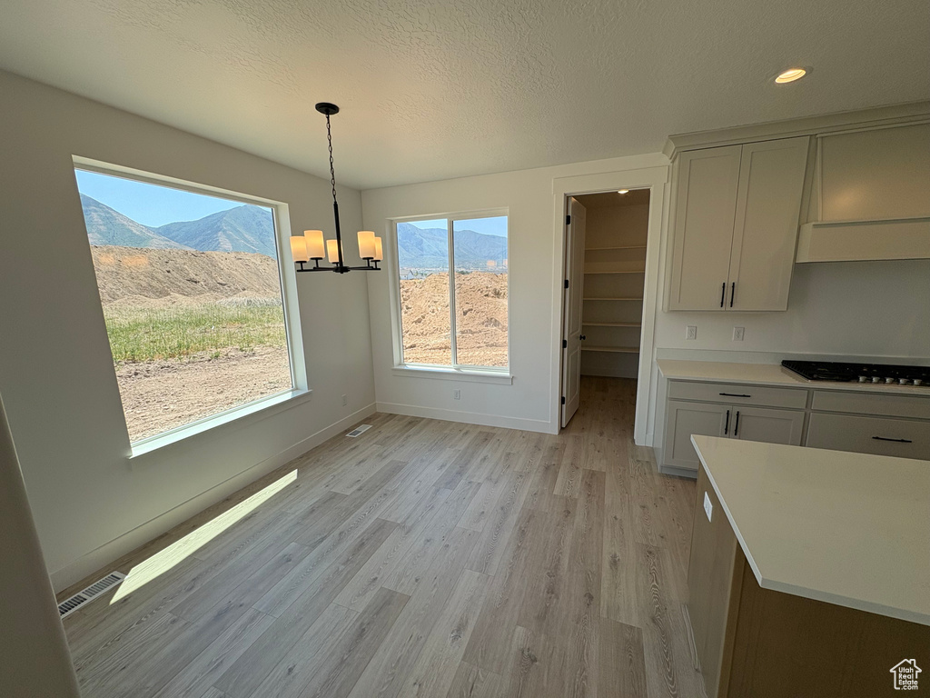 Unfurnished dining area with a mountain view, light wood finished floors, a chandelier, recessed lighting, and a textured ceiling