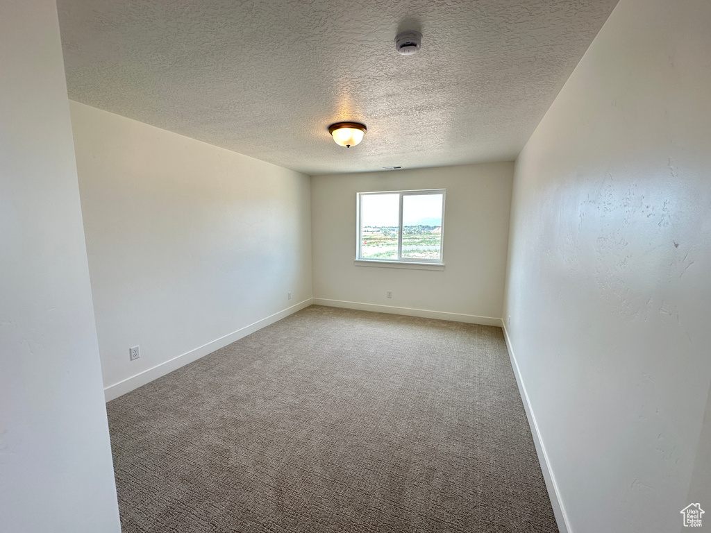 Spare room with a textured ceiling, carpet flooring, and a smoke detector