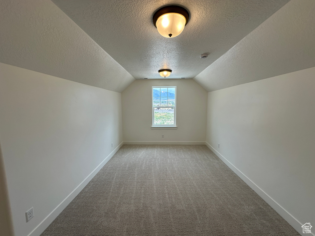 Bonus room with a textured ceiling, carpet floors, and lofted ceiling
