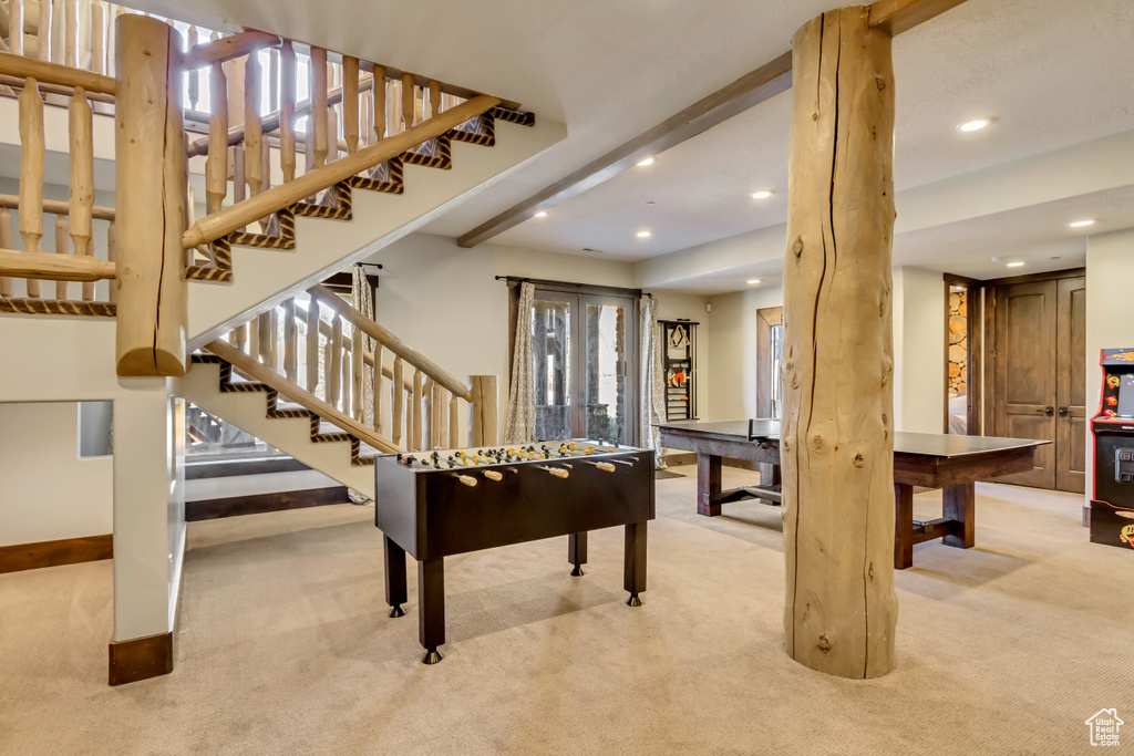 Rec room with carpet floors and recessed lighting
