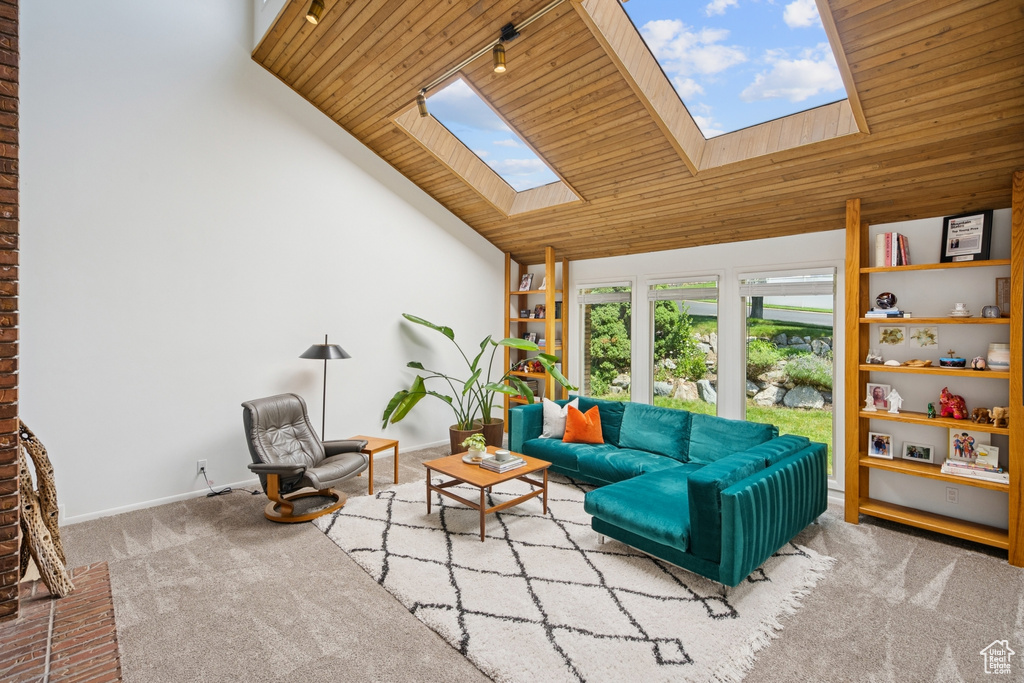 Living room with a skylight, wooden ceiling, track lighting, carpet, and high vaulted ceiling