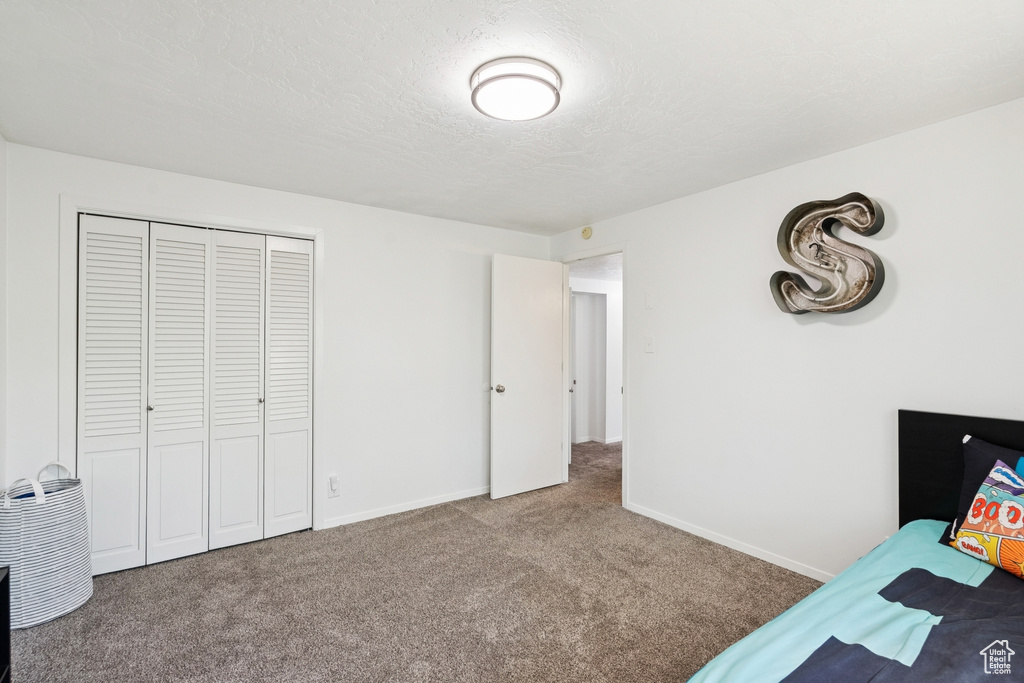 Bedroom featuring carpet, a closet, and a textured ceiling