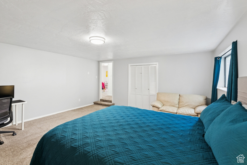Bedroom featuring carpet flooring and a closet