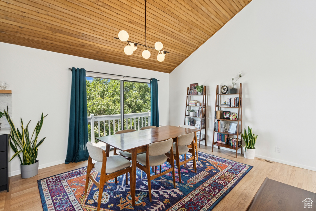 Dining space featuring lofted ceiling, wooden ceiling, and wood finished floors