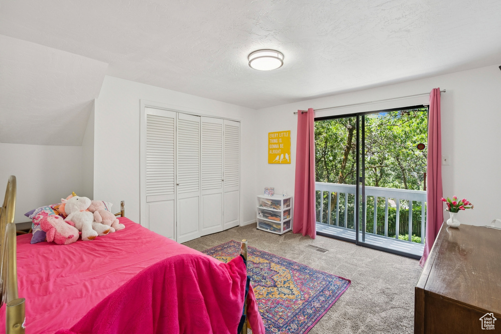 Bedroom with carpet flooring, access to outside, and a closet