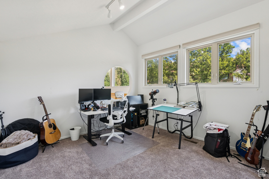 Carpeted home office with track lighting and baseboards