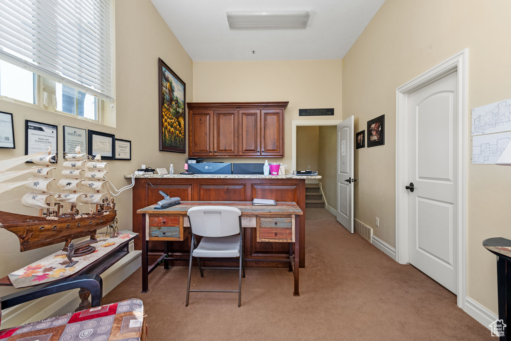 Office featuring light colored carpet and baseboards