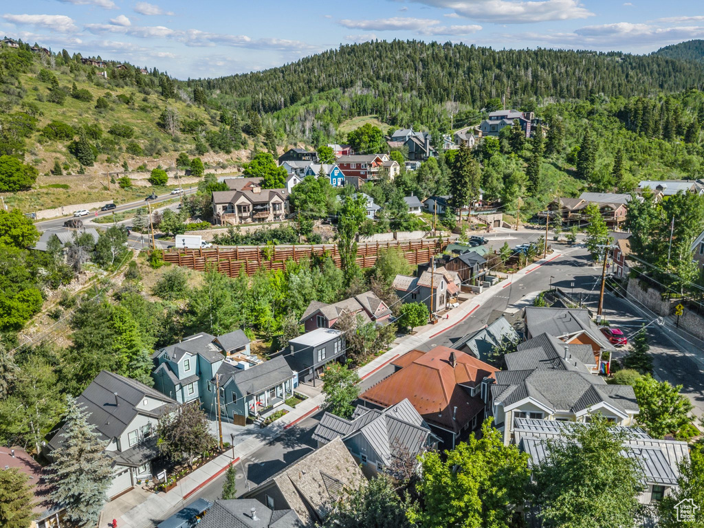 Aerial perspective of suburban area featuring a heavily wooded area