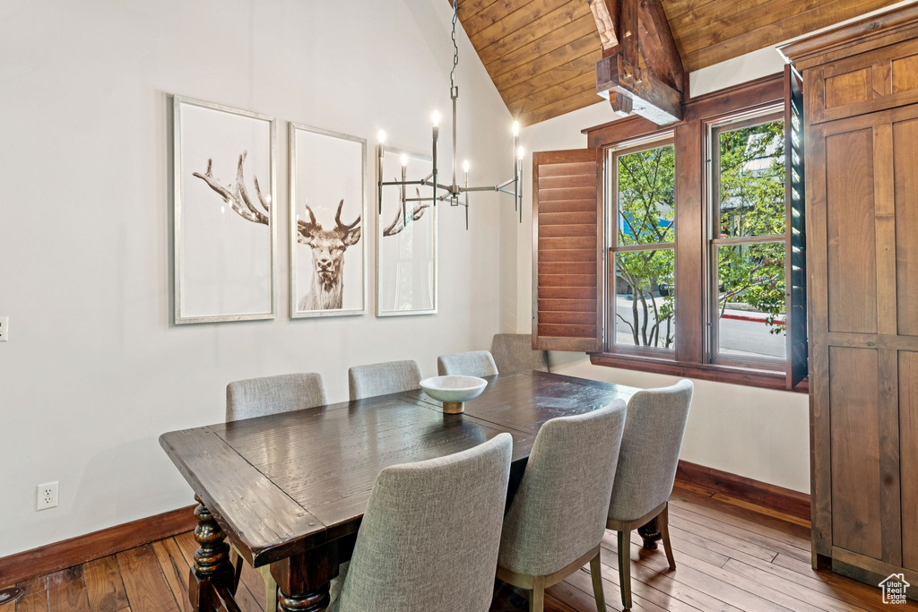 Dining area featuring vaulted ceiling, wooden ceiling, and light wood finished floors