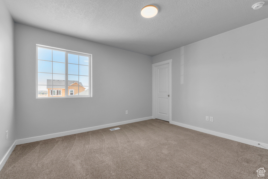 Carpeted empty room featuring a textured ceiling and a smoke detector