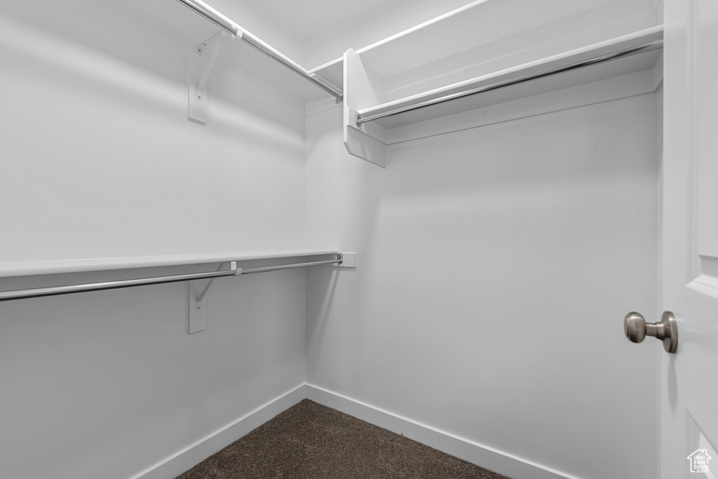 Walk in closet featuring dark carpet
