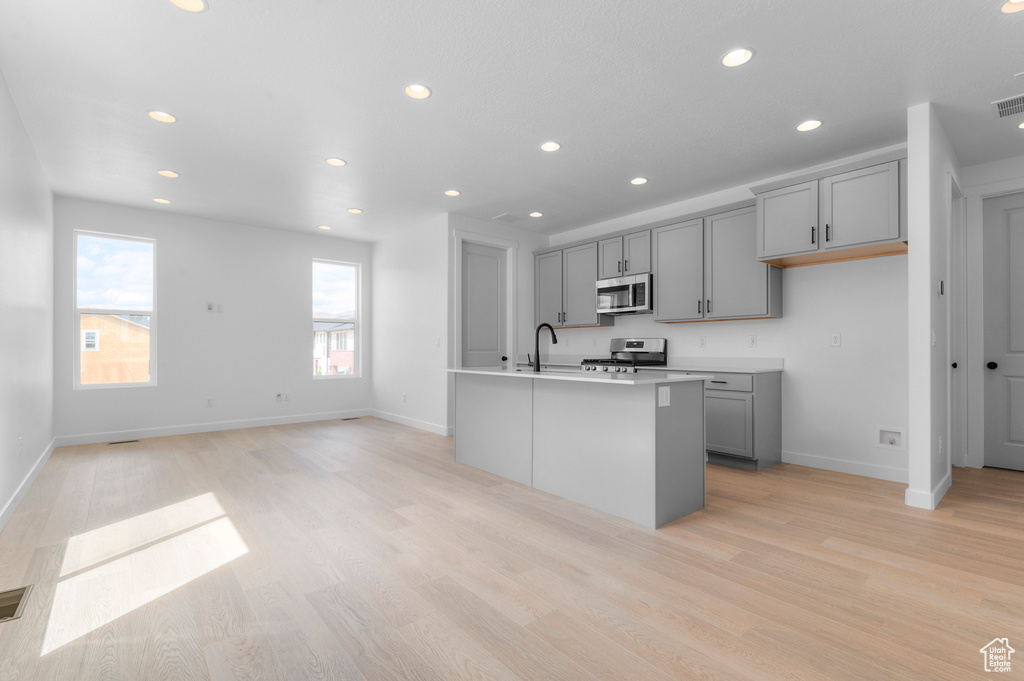 Kitchen featuring appliances with stainless steel finishes, gray cabinetry, recessed lighting, and light wood-type flooring