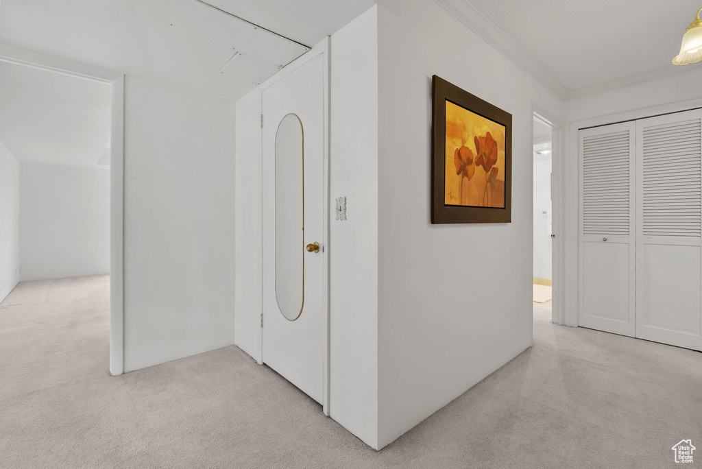 Hallway featuring ornamental molding