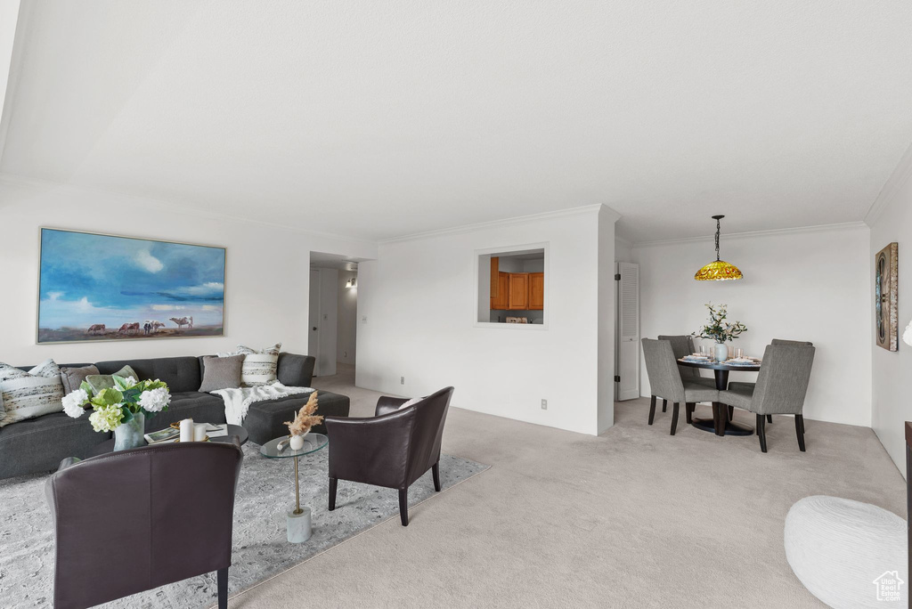 Carpeted living room with ornamental molding
