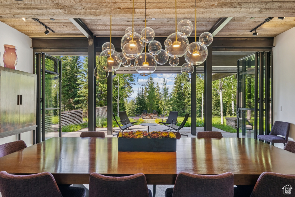 Dining space featuring track lighting and a wooden ceiling with exposed beams