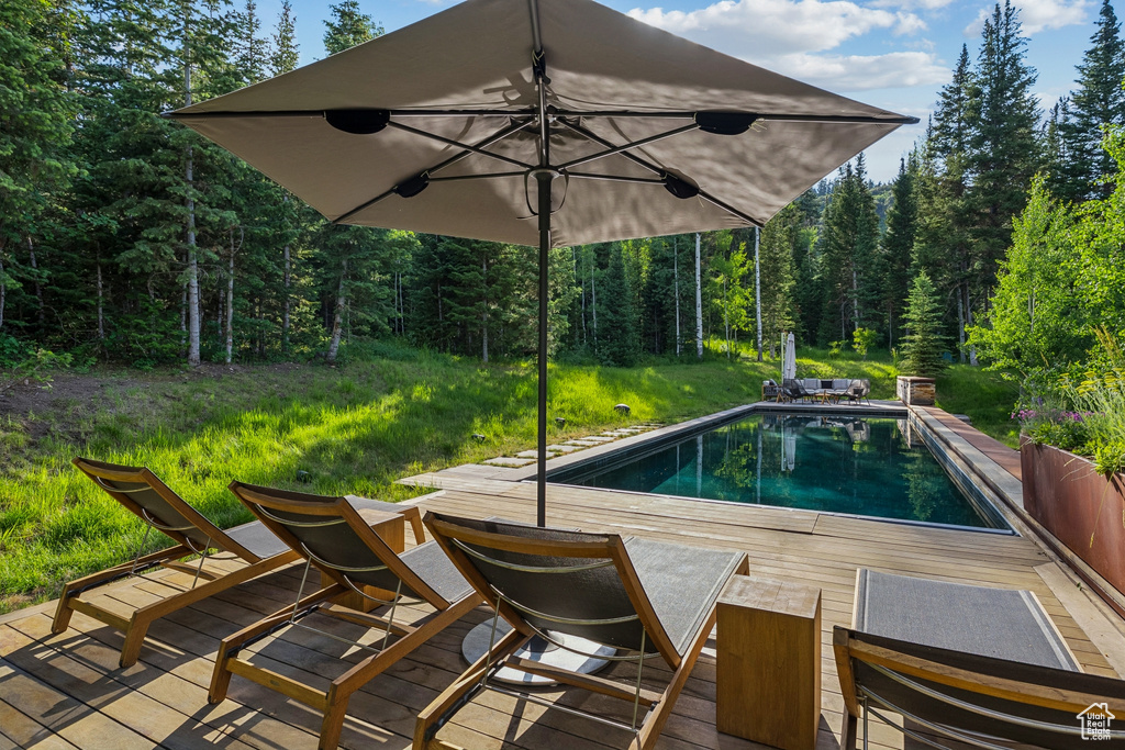 Swimming pool featuring a wooden deck and a wooded view