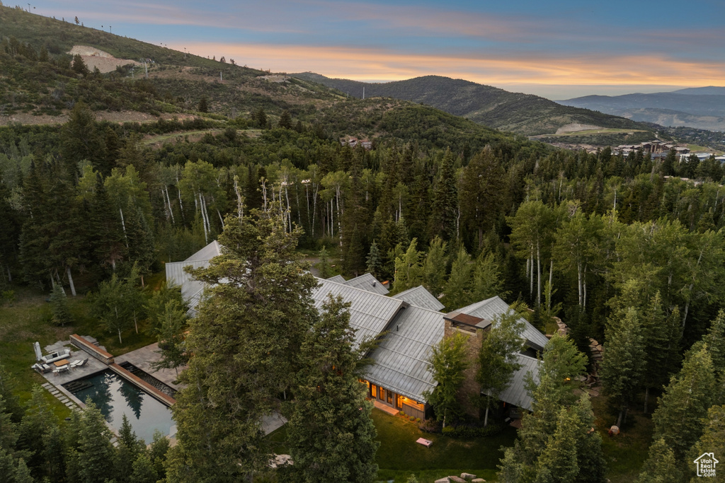 Aerial overview of property's location featuring mountains and a forest