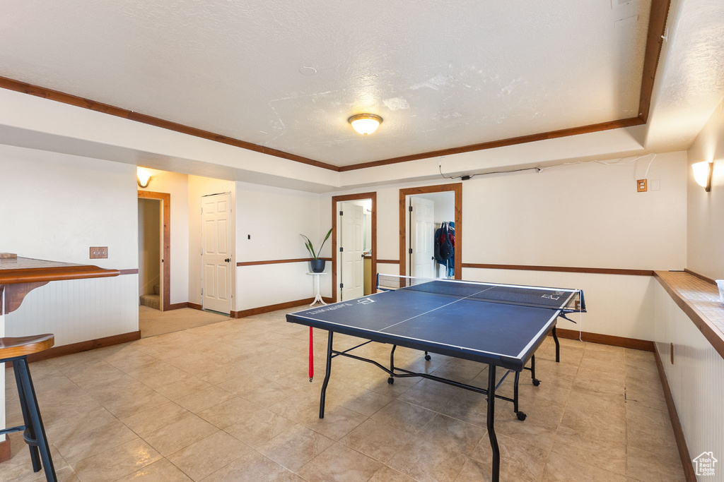 Rec room with a raised ceiling and crown molding