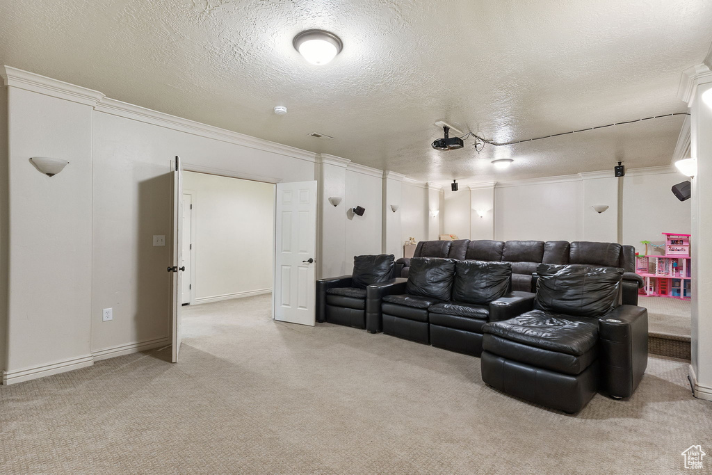 Home theater room with light carpet, a textured ceiling, and ornamental molding